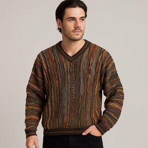 EUC Tundra Canada Men’s Coogi-style Multicolor 3D V-Neck Pullover Sweater Sz XL